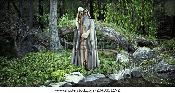 The Wizard of the woods. A legendary white\
cloaked wizard posing in his mythical enchanted forest by a nearby\
pond. 3d rendering