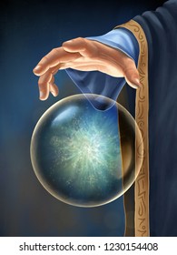 Wizard's Hand Interacting With A Floating Magical Orb. Digital Illustration.