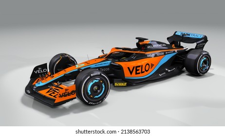 Woking, United Kingdom, February 18 2022. Lando Norris (GBR) McLaren MCL36 For F1 2022 Challenger, 3D rendering