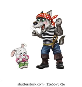 wolf attacks bunny  rabbit is afraid wolf  funny cartoon animals  isolated characters white background