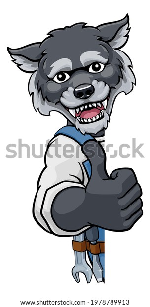 A wolf cartoon animal mascot mechanic, carpenter,
handyman or builder construction worker peeking around a sign and
giving a thumbs up
