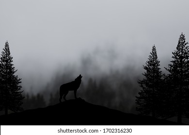 Wolf Howling In The Forest With Hand Drawn Background Illustration