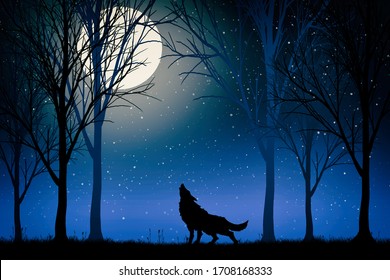 Wolf Howling Moon Forest Tall Trees Stock Illustration 1708168333 ...