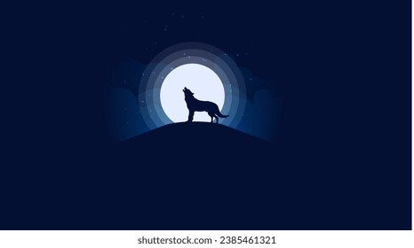 wolf howling at the moon. A high-quality vector illustration ,standing atop a rocky mountain peak under a full moon.The illustration utilizes a cool-toned blue color palette .wolf standing on mountain