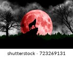 Wolf howling at the red moon