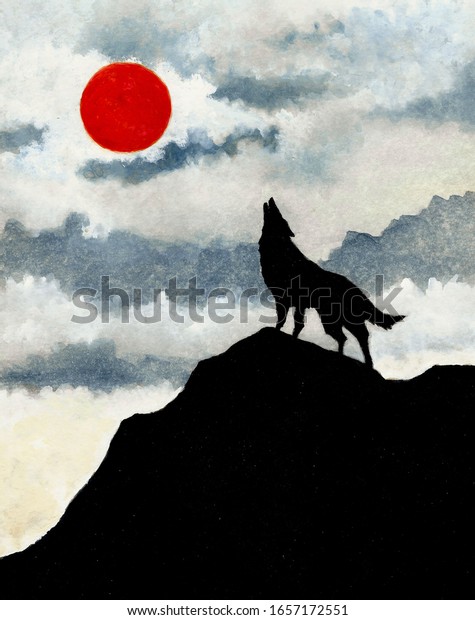 赤い月に狼が遠吠え のイラスト素材