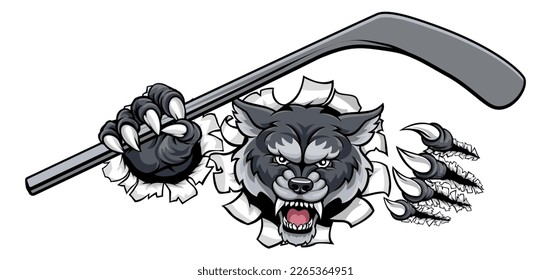 A wolf ice hockey player animal sports mascot holding hockey stick