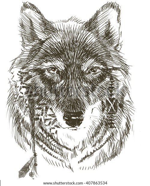 Wolf Indian Warrior Hand Drawn Animal Stock Illustration 407863534