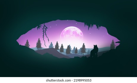 A Wolf Inside The Cave Nature Scene From The Cave A Big Moon In The Sky At Evening Night Digital Art, Painting, 3d Illustration