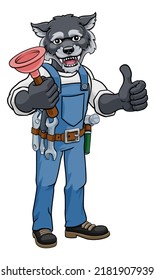A wolf plumber cartoon mascot holding a toilet or sink plunger giving a thumbs up
