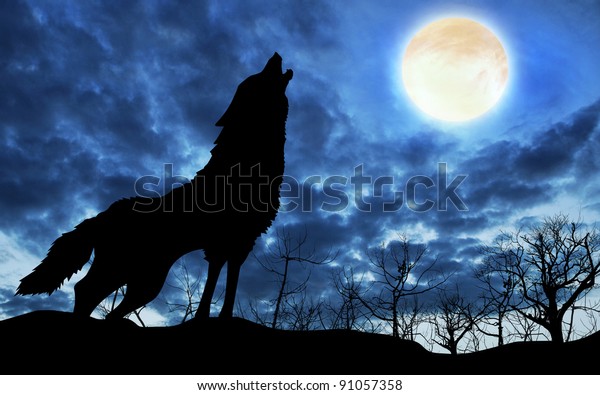 Wolf Silhouette Howling Full Moon Stock Illustration