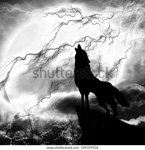 雷雨に向かって遠吠えするシルエットをした狼 のイラスト素材 109359536