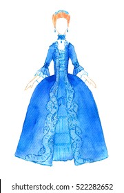 Woman In 18th Century Blue  Dress Watercolor Silhouette. Hand Drawn Illustration.