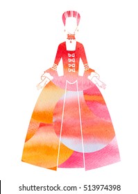 Woman  In 18th Century Dress Red And Orange Watercolor Silhouette.