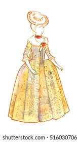 Woman In 18th Century Dress Yellow Watercolor Silhouette. Hand Drawn Illustration.