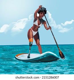 Woman Of African Descent With Prosthetic Leg Is Having Fun Paddle Surfing. Illustration About Diversity And Inclusion In The Holiday And Travel Business. 