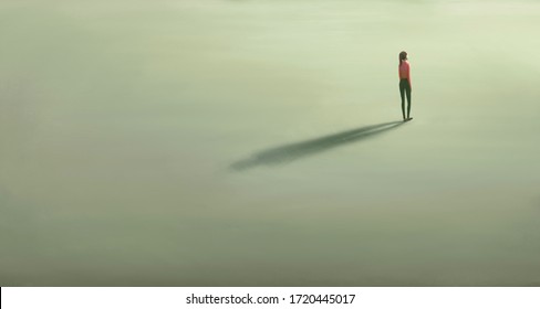  Woman Alone With The Light. Surreal Painting Hope Lonely And Loneliness Concept. Minimal Illustration, Conceptual Art, Lonely Artwork