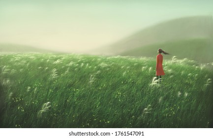 Woman alone in nature, freedom hope emotion lonely and loneliness concept, painting art, happiness illustration, dreamlike artwork