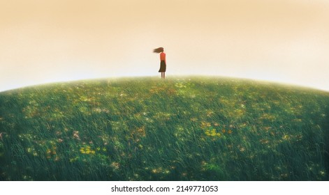 Woman Alone In Nature. Freedom, Hope, Motivation, Inspiration,  Lonely And Loneliness Concept, Lanscape Painting Art, 3d Illustration, Grass Field.