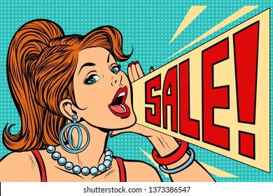 Woman announcing sale. Pop art retro  illustration comic cartoon kitsch vintage drawing