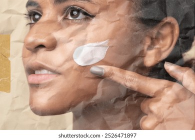 A woman applying skincare cream to their face. The image shows a close-up of the skincare routine, highlighting the cream application on the skin. Skincare cream product woman concept. - Powered by Shutterstock