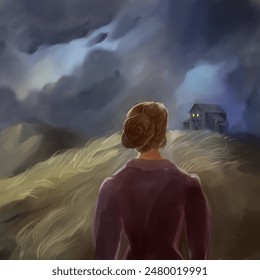 Woman Approaching House Under Dark Stormy Sky - Powered by Shutterstock