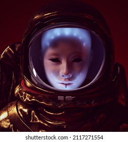 Woman Astronaut Futuristic Alien Face Portrait Retro Gold Spacesuit Space Helmet Avatar 3d illustration render