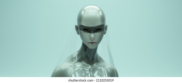 Woman Avatar Face Black Strip Face Paint Makeup Shiny Black Futuristic Alien Clear Plastic Top And Veil Sci Fi Concept Avatar 3d Illustration Render