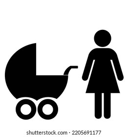 Woman And Baby Stroller Black Icon, Flat Style