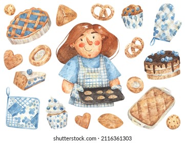 Woman bakes cookies. Big watercolor set of illustration. Mother with baking sheet, sweet buns, cakes, pies with blueberry, pretzels. Hand-drawn pictures for Mother's day - Powered by Shutterstock