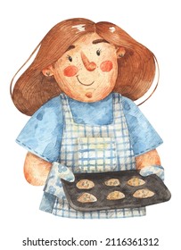 Woman Bakes Cookies. Watercolor Illustration Of Mother With Baking Sheet. Hand-drawn Picture For Mother's Day