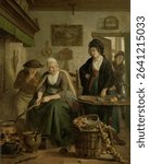 Woman Baking Pancakes (c 1790 - c 1810) by Adriaan de Lelie. Vintage oil painting. Beautiful old artwork, oil painting. Vintage illustration.