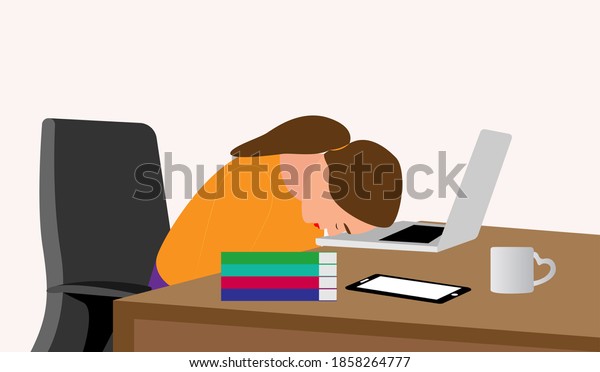 A\
woman is banging her head on the laptop while\
working