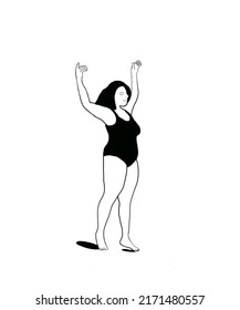 Woman In A Bathing Suit. Black And White Drawing.