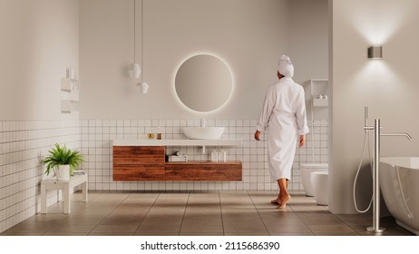 Woman in bathrobe after bath in cozy wellness bathroom (3d rendering) - Powered by Shutterstock