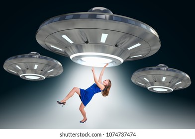 Woman Being Abducted By UFO - 3D Concept Of Alien Abduction