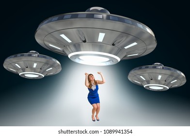 Woman Being Abducted By UFO - 3D Illustraton Concept Of Alien Abduction