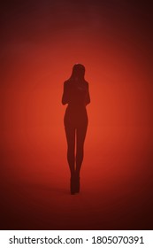 Woman In A Black Boots And Shrink Wrap Dress Standing Red Orange Background 3d Illustration