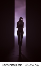 Woman In A Black Boots And Shrink Wrap Transparent Futuristic Dress With Glowing Eyes 3d Illustration