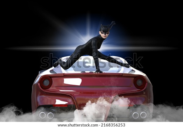 A woman in a black cat suit\
appears dashing like the wind, legs spread and one hand on the body\
of a red car, looking at us.3D illustration 3D\
rendering