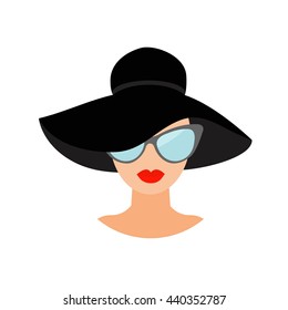 Woman In Black Hat And Sun Glasses Avatar People Icon Collection Cute Cartoon Character Beautiful Face Red Lips Female Head Sunglasses Women Wearing Eyeglasses Flat White Background. Isolated.