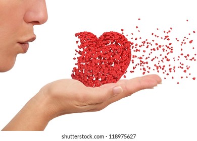 Woman Blowing A Heart Made Of Little Hearts Spreading Love Like Cupid Isolated On A White Background