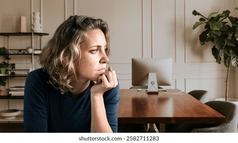 Woman in a blue sweater, sitting thoughtfully at a wooden desk in a modern office. Blonde hair, casual setting, computer and plant in the background. Depressed and sad woman.