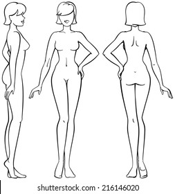 Woman Body - Front, Back And Side View In Outline