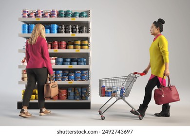 Woman and boy in grocery store aisle with shopping cart, canned food, and price tags. Perfect for supermarket, shopping, family, and consumerism concepts. - Powered by Shutterstock