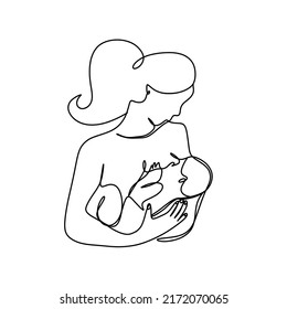 woman breastfeeding a baby, one line style illustration, concept of breastfeeding and children