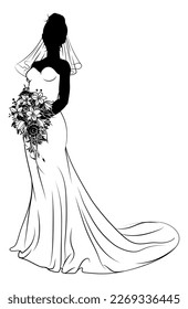 A woman bride in bridal wedding dress in silhouette