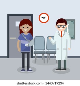 Woman with a broken arm in the doctor's office. X-ray hand. Female Patient and the injury. The provision of medical care in the hospital. Cartoon flat illustration - Powered by Shutterstock