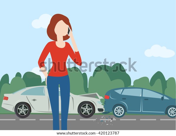 Woman calling after car crash in the forest\
road, route. Minimal flat illustration for web or print. Country\
landscape.\
Nature\
