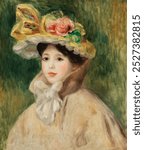 Woman with Capeline (Femme a la capeline) (early 1890s) by Pierre-Auguste Renoir. Woman portrait.   Vintage woman art drawing illustration, woman lady female portrait old painting art print.